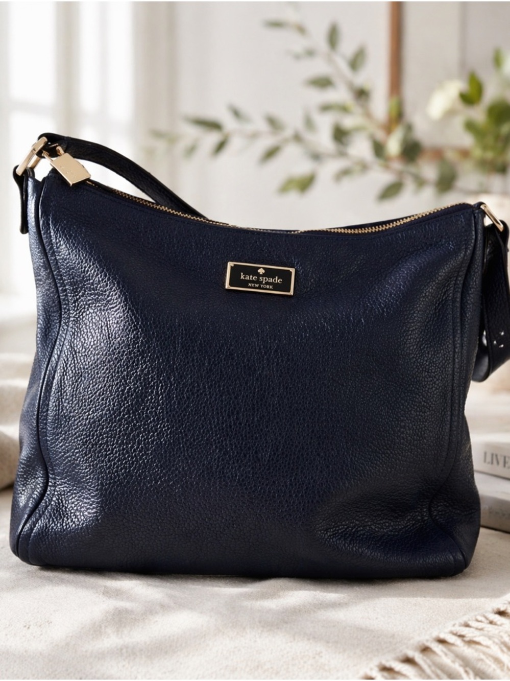 Kate Spade Navy Pebbled Leather Hobo Bag Gold Hardware Shoulder